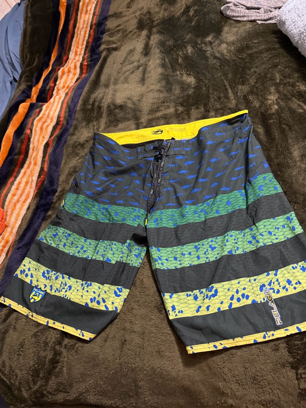Pelagic Men's Yellow, Green & Black Striped Swim Trunks